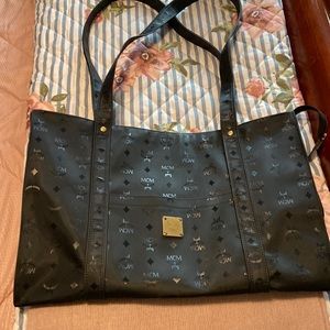 MCM black canvas PVC large tote shoulder bag authentic no flaws like new